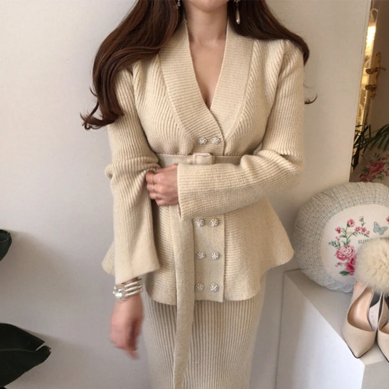 WAKUTA Autumn Winter Offical Skirt Sets Korean Style Pearls Double Breasted Kintted Cardigan Long Skirts Elegant Women 2PC Set |