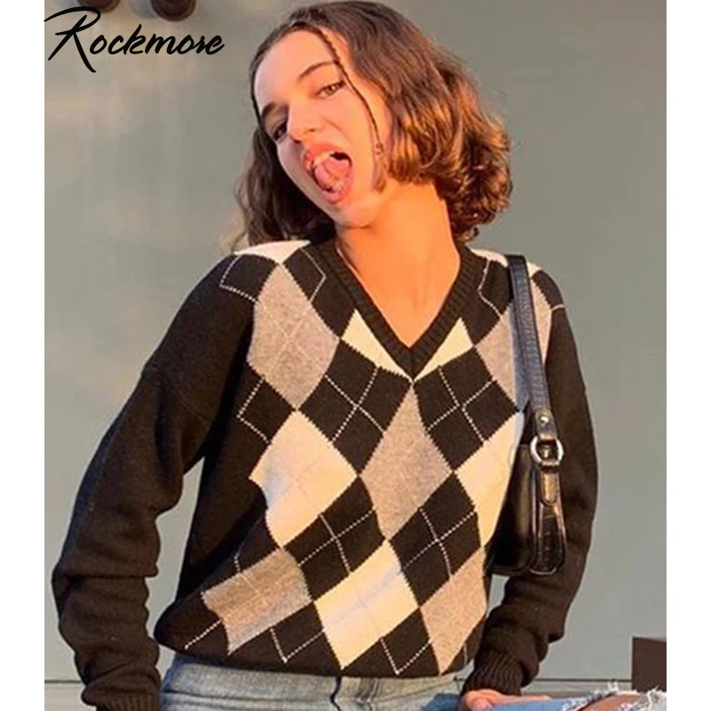 

Rockmore Argyle Plaid V Neck Top Cardigans Y2K Aesthetic Long Sleeve Sweater Women Vintage Pullovers Plus Size Jumpers Casual