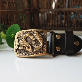 

New Fashion Casual Men's Leather Belts Buckle Male Top Quality carp fish luckly Copper Smooth Buckle Retro Belt For Men's Jeans