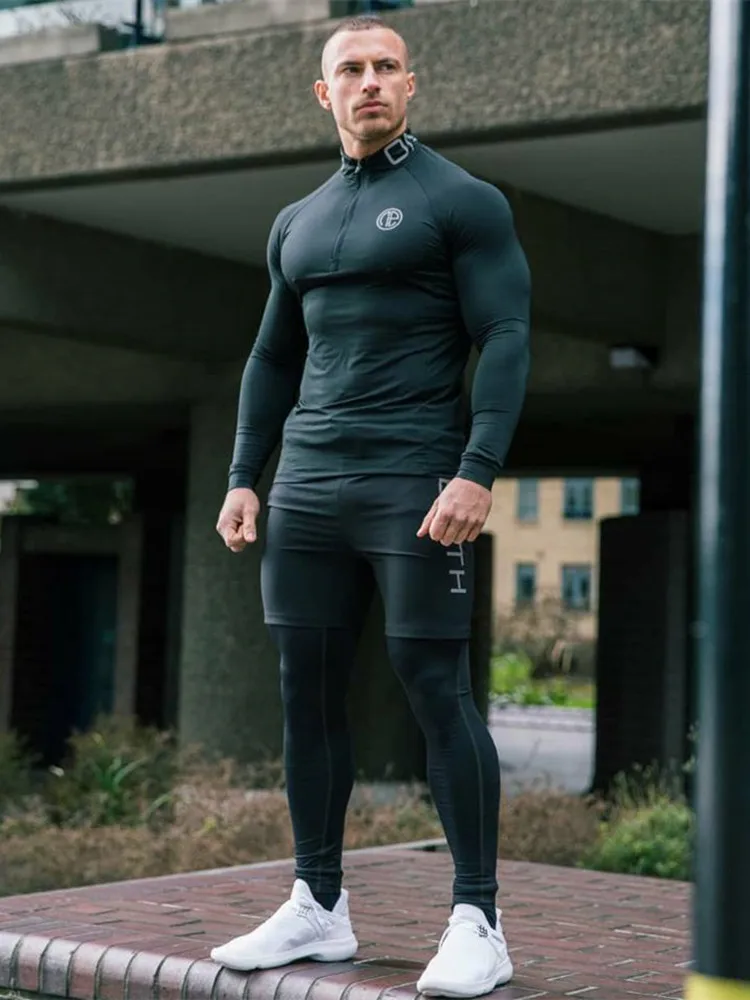 New Men Fitness Three Piece Bodybuilding Cycling Stretch Tracksuits Tight Long Sleeve Sportswears+Men's 2 in 1 Leggings pants