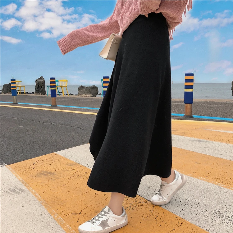 High Waist Pleated Skirts Women Autumn Winter Knitted Long Skirt Women Casual Korean Elegant Asymmetrical Midi Skirt Lady