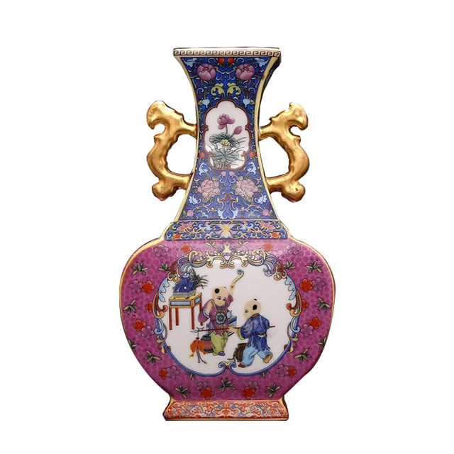 Jingdezhen Ceramic Qing Yong Zheng Year Antique china porcelain Double Eeared Enameled Gilt Square Flat Vase 3
