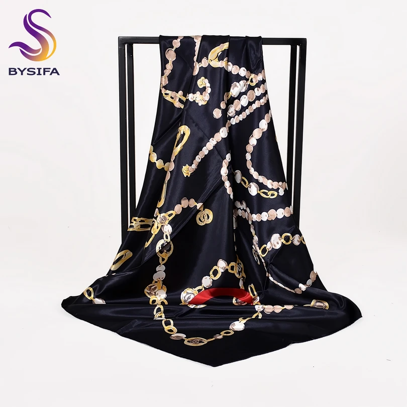 Женский шёлковый шарф BYSIFA черный квадратный с цепочкой 90x90 см весна осень|Женские