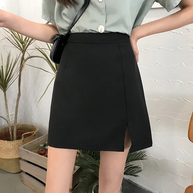 

High-waisted Students A- line Skirt Women's 2019 Summer New Style Loose-Fit Slimming Versatile Slit Skirt Short Skirt