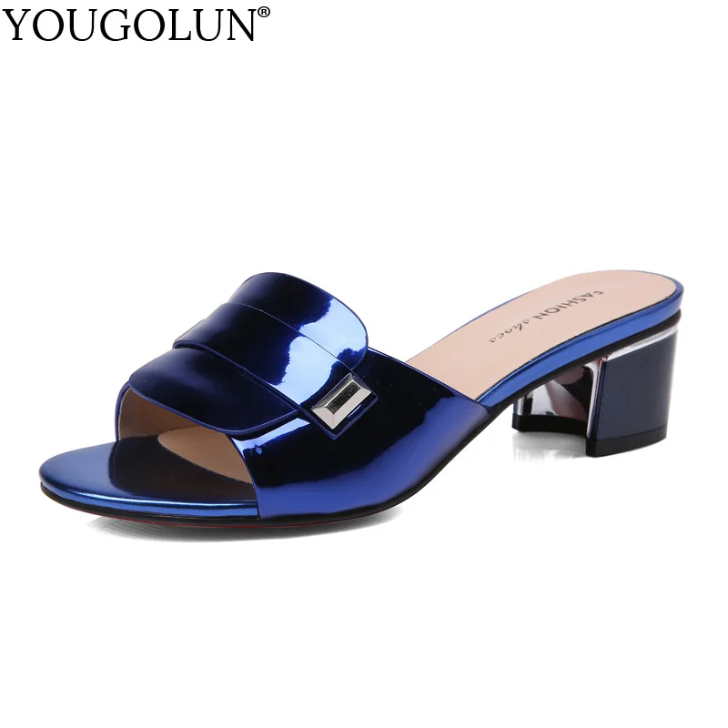 

Outdoor Slippers Women Spring Genuine Cow Leather Fashion New Arrived Ladies Mid Heels C308 Casual Woman Blue Gun Color Slides