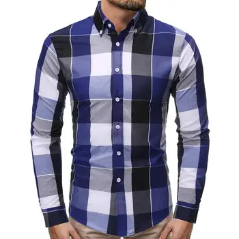 

Plaid Shirt for Men Long Sleeve Slim Fit Fashion Men's Shirt Casual Dress Blouse Men Red Blue New