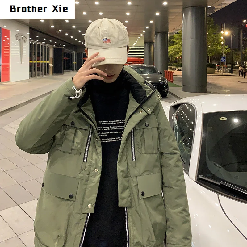 

Winter Short Down Jacket Men Warm Thick Fashion Parka Men Solid Color Hooded Coat Man Wild Multi-pocket Tooling Jacket Male