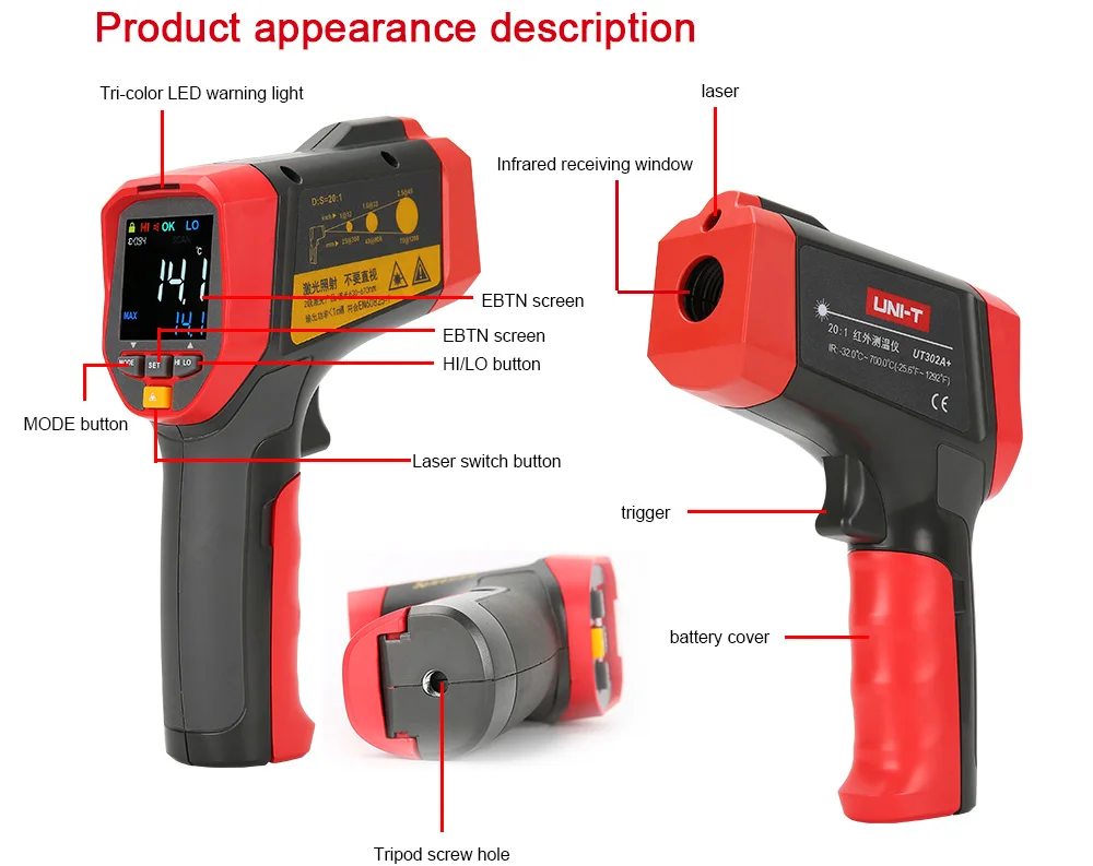 UNI-T UT301A+ Бесконтактный лазерный ЖК-дисплей ИК инфракрасный цифровой C/F выбор температуры поверхности термометр пирометр Imager