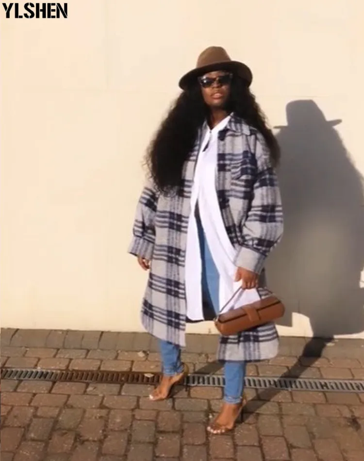 2020 Winter Grid Print African Dresses For Women Dashiki Wool Coat Dress African Design Clothes Ankara Plus Size Africa Clothing 06