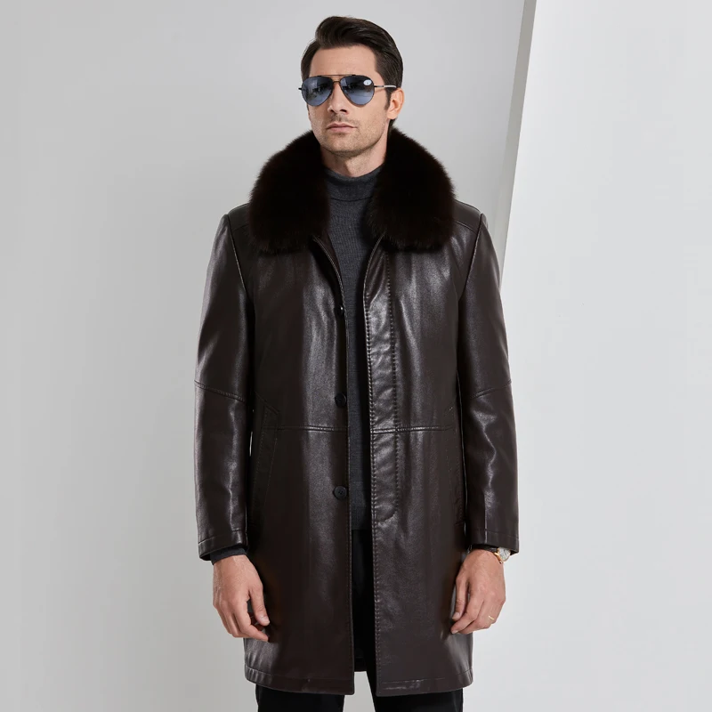 

New Winter Thicken Leather Jacket Men fox Fur Collar Leather Jackets and Coats Casual Long Windproof Jacket Male
