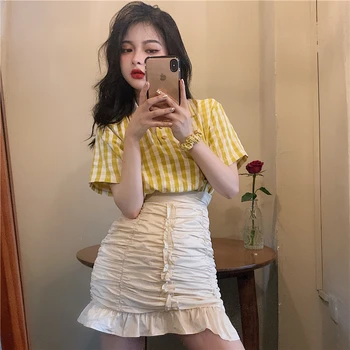 

Sexy 2 Pice Set Women Summer Outfits Turn Down Collar Short Sleeve Plaid Tops and High Waist Bodycon Mini Skirt Two Piece Sets
