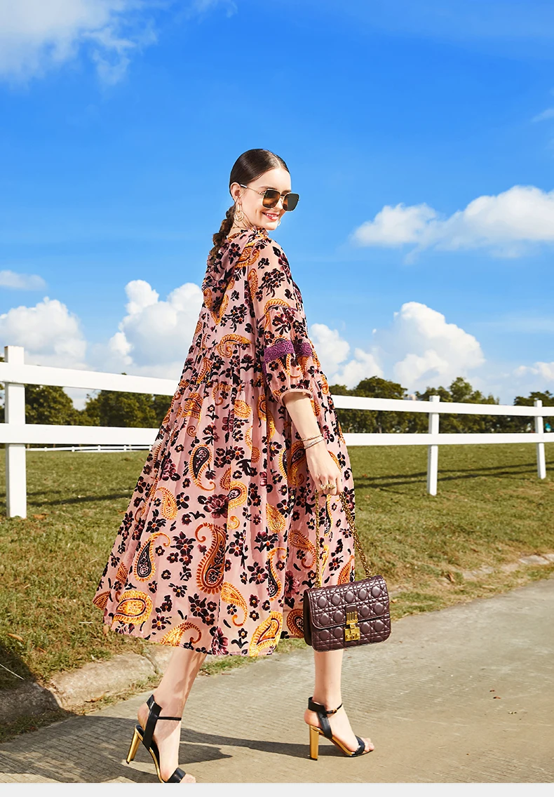 Flocking Flower Hooded Dress Female New Autumn