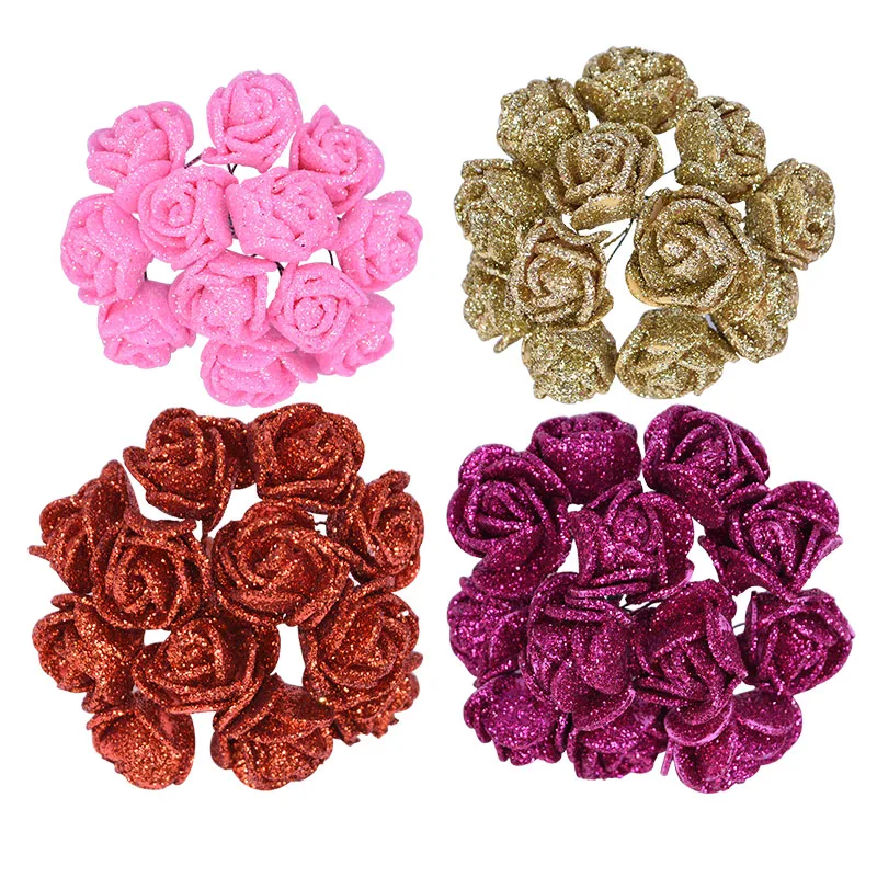 24/72/144pcs 2cm High Quality Gold Pink Shiny Glitter Foam Rose Artificial Flower Bouquet Xmas Wedding Home Party Decor Supplies | Дом и сад