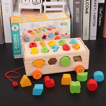 

Porous trailer shape digital cognitive baby early education educational toys children wooden puzzle building blocks Creative box