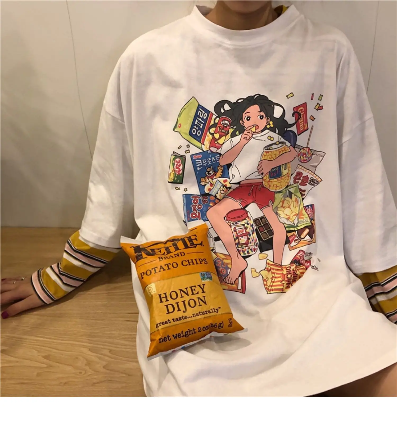 Осенняя женская одежда корейский Ulzzang Harajuku футболка Веселая с принтом поддельные два футболки женские свободные рубашки топы