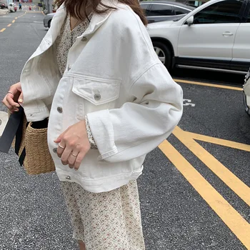 

Simple white lapel single-sleeve denim jacket women's 2019 fall Korean version casual jacket womens jackets and coats