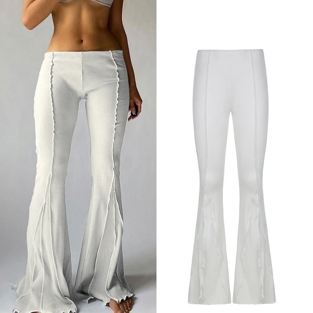 CIBBAR Solid Low Waist Ribbed Flare Pants Women Summer Slim Elegant Casual Elastic Trousers Female Fashion All-Match Streetwear white