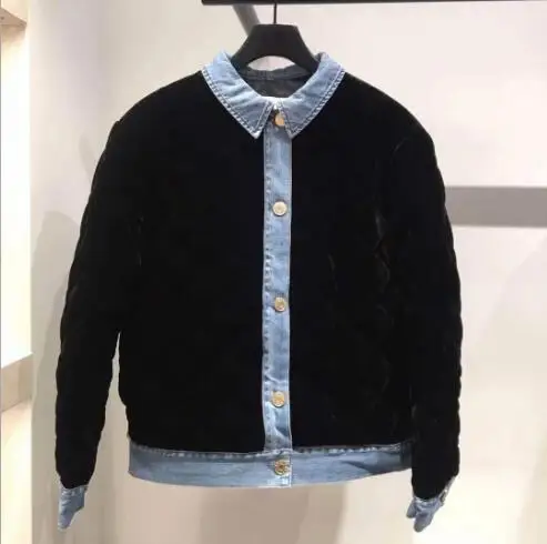 

2019 New Women Jeans Jacket Single-Breasted Denim Velvet Patchwork Fashion Jackets and Coats