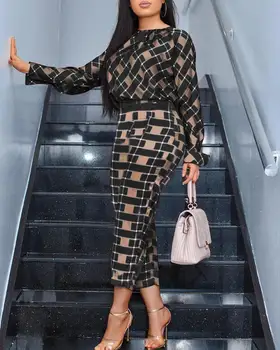 

Checkered Top & Pants Suit Set Women 2PC Set