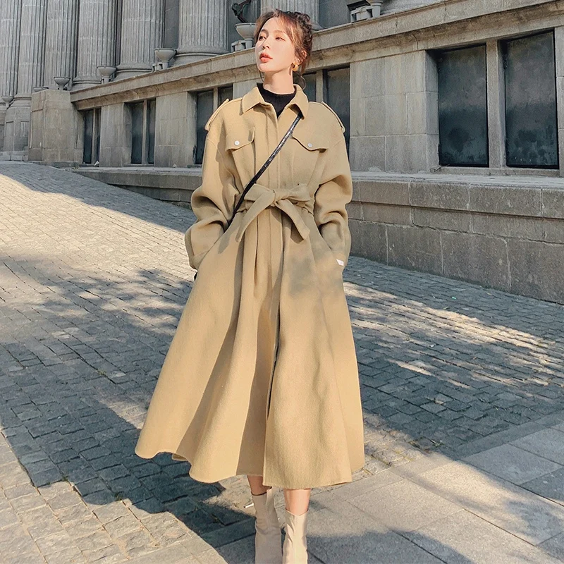 

Women Long Woolen Coat Covered Button Sashes Loose Vintage Elegant Korean Style Autumn Winter Overcoat Jacket Female 0850