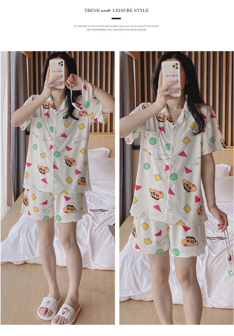 Anime Pijama Women Kawaii Homewear Crayon Print Short Tops Pants Casual Sleepwear Cute Shirts Summer New Pajama Student Cartoon plus size pajama sets