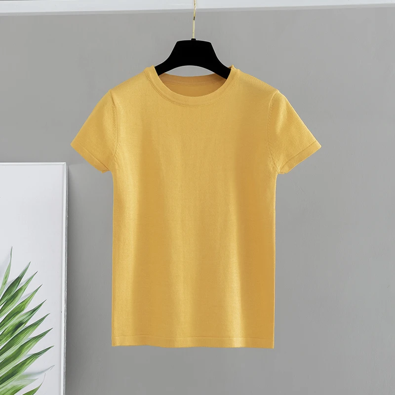yellow T223 GIGOGOU Базовая хлопковая летняя футболка женская трикотажная футболка с короткими рукавами Высокая эластичность дышащая женская футболка с круглым вырезом - Цвет: yellow T223