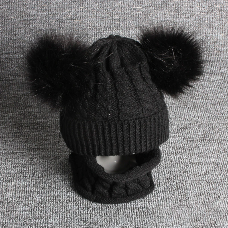 Baby Boys Girls Beanie Cotton Ball Warm Hat Cap Set Children's Wool Hat Imitation Braid Hair Double Ball Hat Scarf Suit Knit Hat