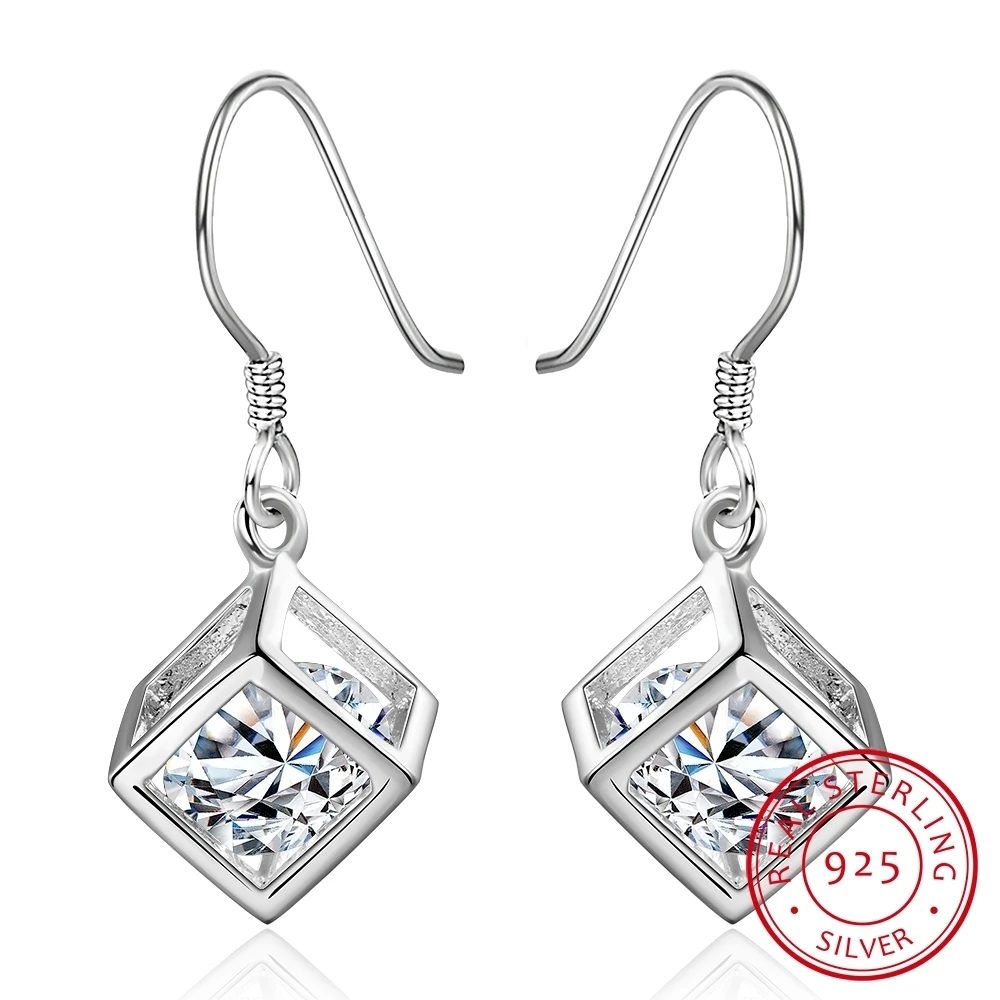 

Hollow Cube W/ Aaa Cz Zirconia 925 Sterling Silver Drop Dangle Threader Through Earrings For Women Girls Fine Jewelry Aros