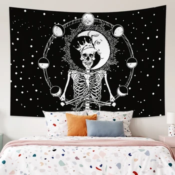 

Laeacco Minimalism Skeleton King Tapestry Wall Hanging Blanket Divine Full Moon Starry Home Decor Beach Mat Wall Carpe Mandala