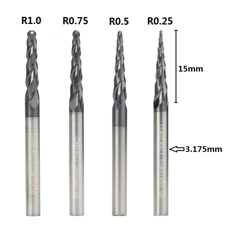  1pc 3.175mm Shank R0.25-R1.0 Tapered Ball Nose End Mill TiAIN Coated CNC Milling Cutter Carbide Woo