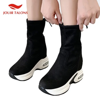 

2020 Stretch Fabric Height Increasing Round Toe Slip On High Heels Platform Women Shoes Woman Leisure Boots