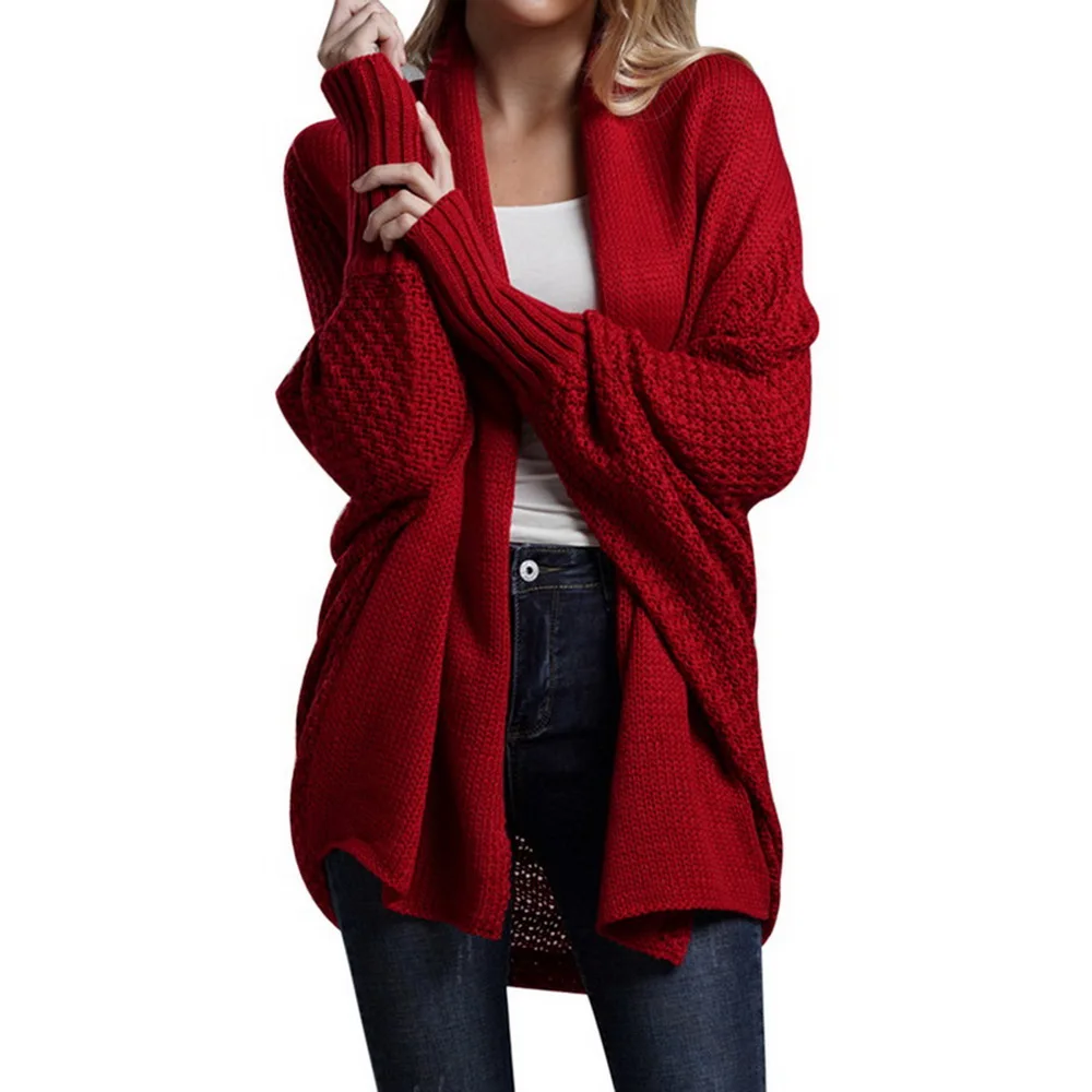 Женский вязаный кардиган, свитер с длинным рукавом и открытой передней частью,, массивное пальто, вязаный Топ, Зимняя женская вязаная одежда, Femme De Moda - Цвет: red 1