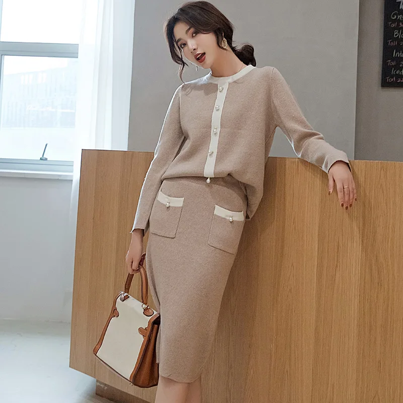 

Autumn Sweater Skirt Set Cashmere 2 Piece Knitted Set Women Long Sleeve O-Neck Pullovers Elastic Waist Skirts Suits With Pockets