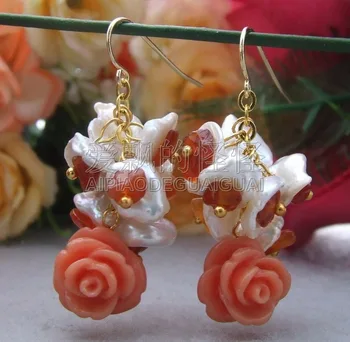 

E042115 Natural Keshi Pearl Carnelian Resin Flower Earrings