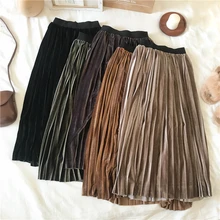 Золотая Бархатная плиссированная юбка для женщин на осень и зиму, Корейская длинная юбка средней длины с высокой эластичной талией, трапециевидная Корейская винтажная юбка W322