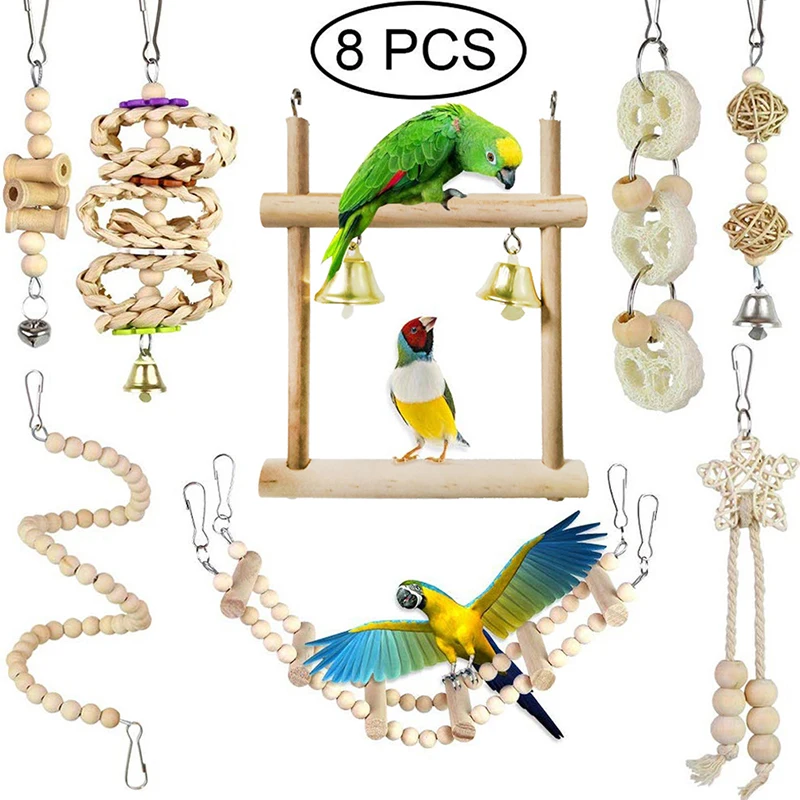 Wodwad Bird Swing Toys with Bells,Parrot Hanging Ladder Suspension Bridge Cage Toy 