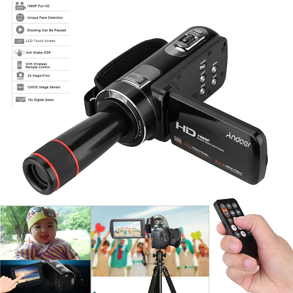 Andoer HDV-Z8 PLUS 1080P 30fps FHD 24MP Цифровая видеокамера Vlogging камера с 12X телеобъективом дистанционное управление и многое другое
