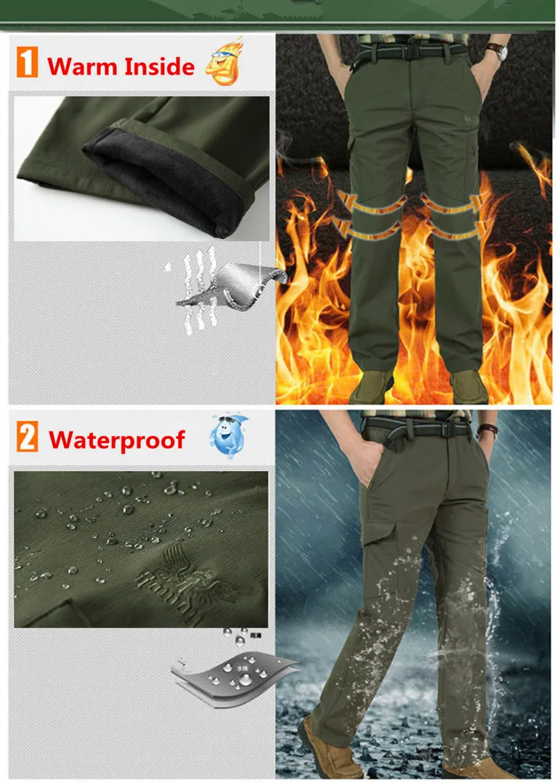 Мужские флисовые брюки карго, зимние толстые теплые Стрейчевые брюки, армейские военные тактические шаровары из мягкой кожи, водонепроницаемые штаны 4XL