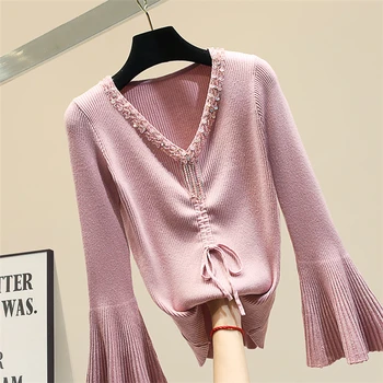 

2019 Fall Winter New Slim Trumpet Sleeve Sweater Women's Knitted Jacket Girls Lady Diamonds Sequins V-neck Solid Knit Jumper Top