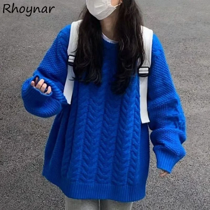 

Женские пуловеры, теплые свободные однотонные вязаные пуловеры для ленивых, подходящие ко всему, винтажные, повседневные, с длинным рукавом, стандартные, простые, в стиле преппи