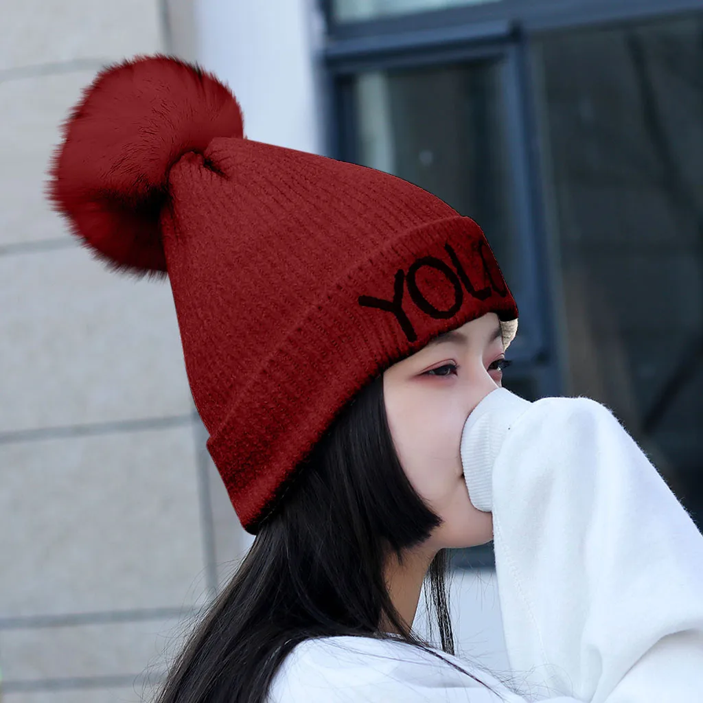 Hairball вязаная шапка для женщин, сохраняющая тепло, зимняя плотная Шерстяная Шапка, шапка с буквенным принтом, наушник для женщин, шапка Skullies, лыжная шапка, шапка s