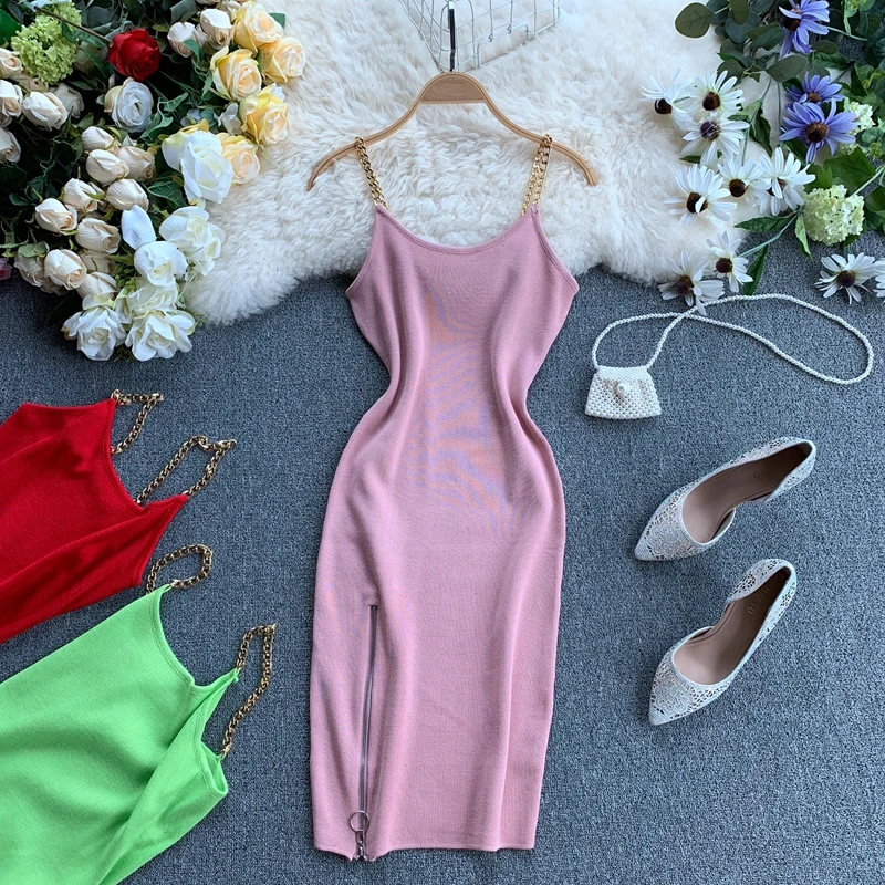 

Knitted Zippers Dress Female Summer Sexy Spaghetti Strap Dress Temperament Casual High Waist O-neck Solid Sleeveless Dress