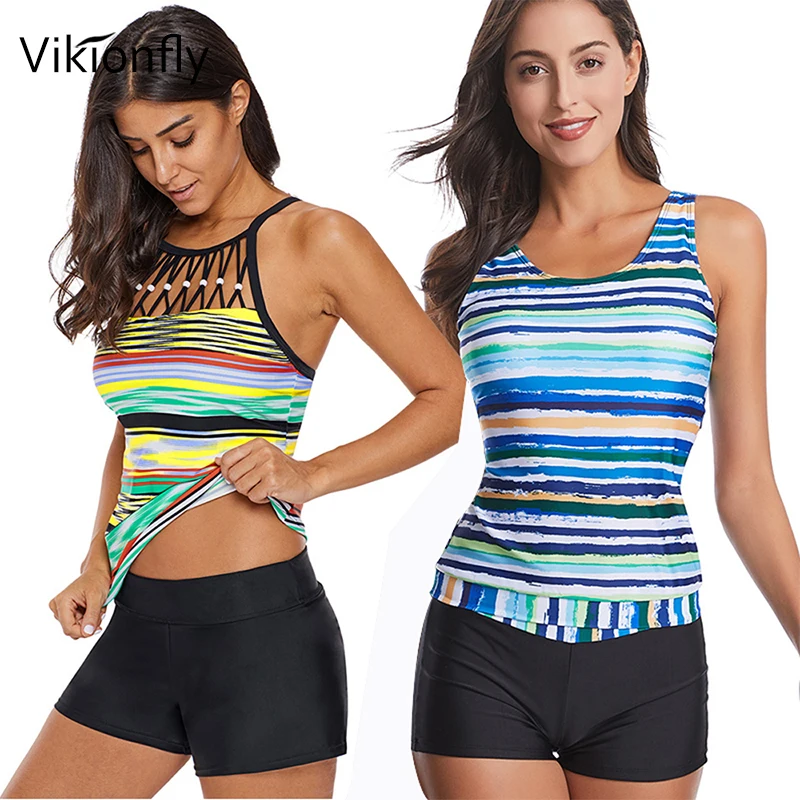 

Vikionfly Plus Size Swimwear Women 2020 2 Two Piece Printed Strips Swimming Suit For Women Tankini Swimsuits Bathing Suit Shorts
