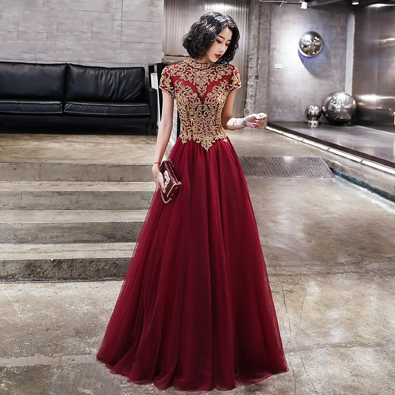 Бургундские сетчатые платья женские новые элегантные Qipao Аппликации вечернее платье с открытыми плечами Cheongsam сексуальное платье De Soiree
