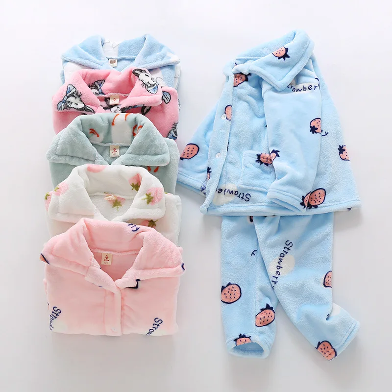 

Explosion models 3-10 years old baby lapel pajamas set in the big boy flannel cute print home service boy girl pajamas two-piece
