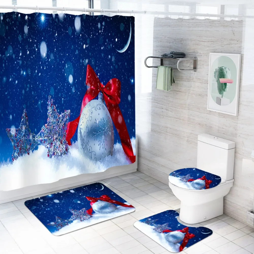 

Christmas Balls Snowflake Print Bathroom Mats Toilet Lid Cover U shape Rugs Waterproof Shower Curtains with Hooks 4PCS for Home