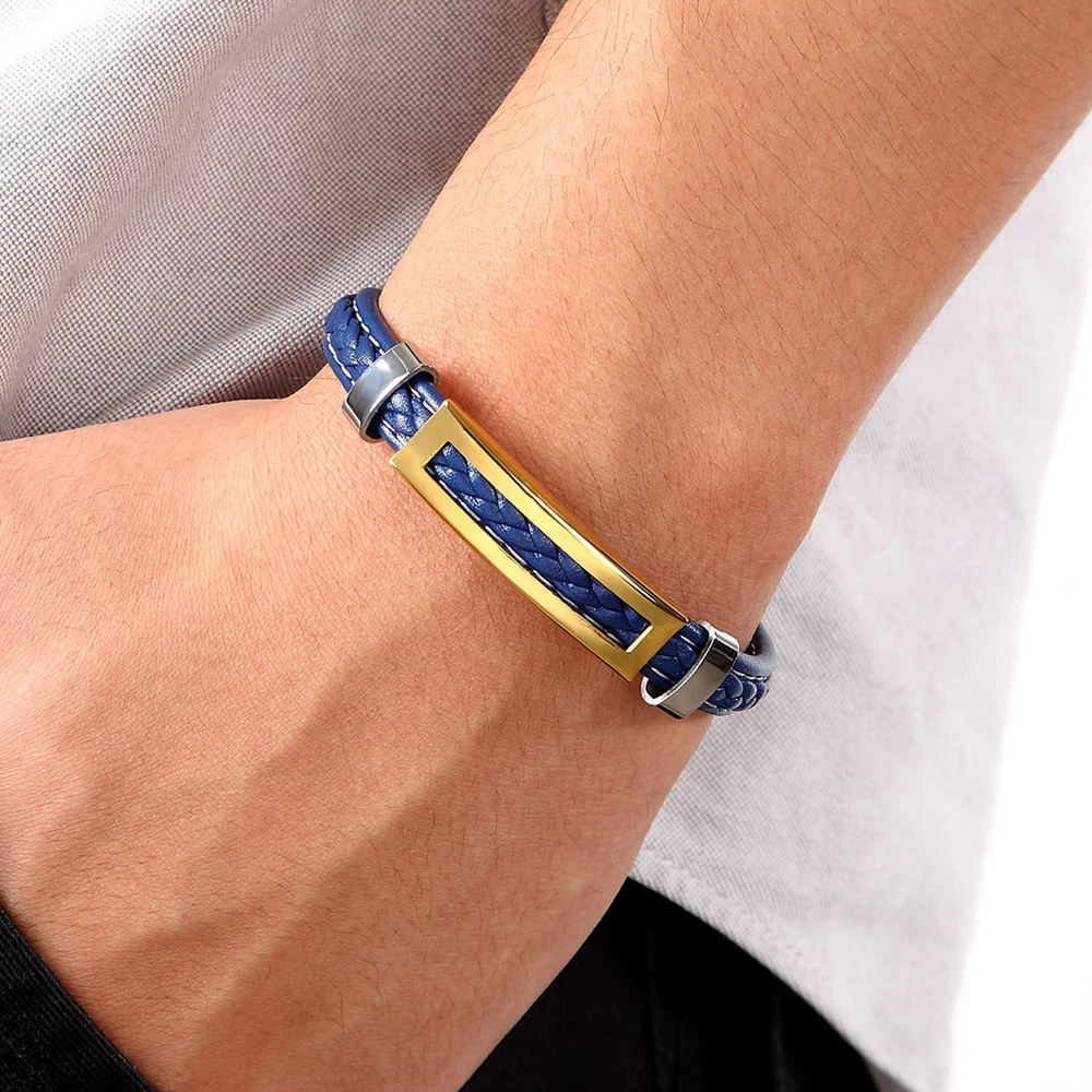 XQNI Stainless Steel Accessories Multi-color Rectangular Combination Blue Leather Classic Men’s Bracelet Commemorative Gift