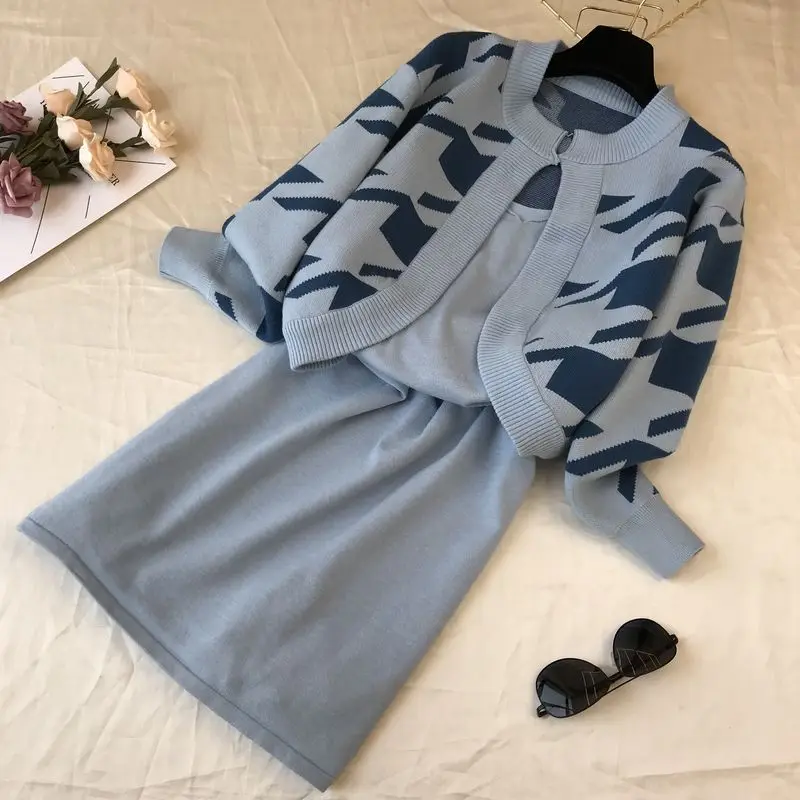 ALPHALMODA осенне-зимний женский кардиган с рисунком «гусиные лапки»+ платье на бретельках модный костюм из 2 предметов элегантный вязаный комплект из 2 предметов