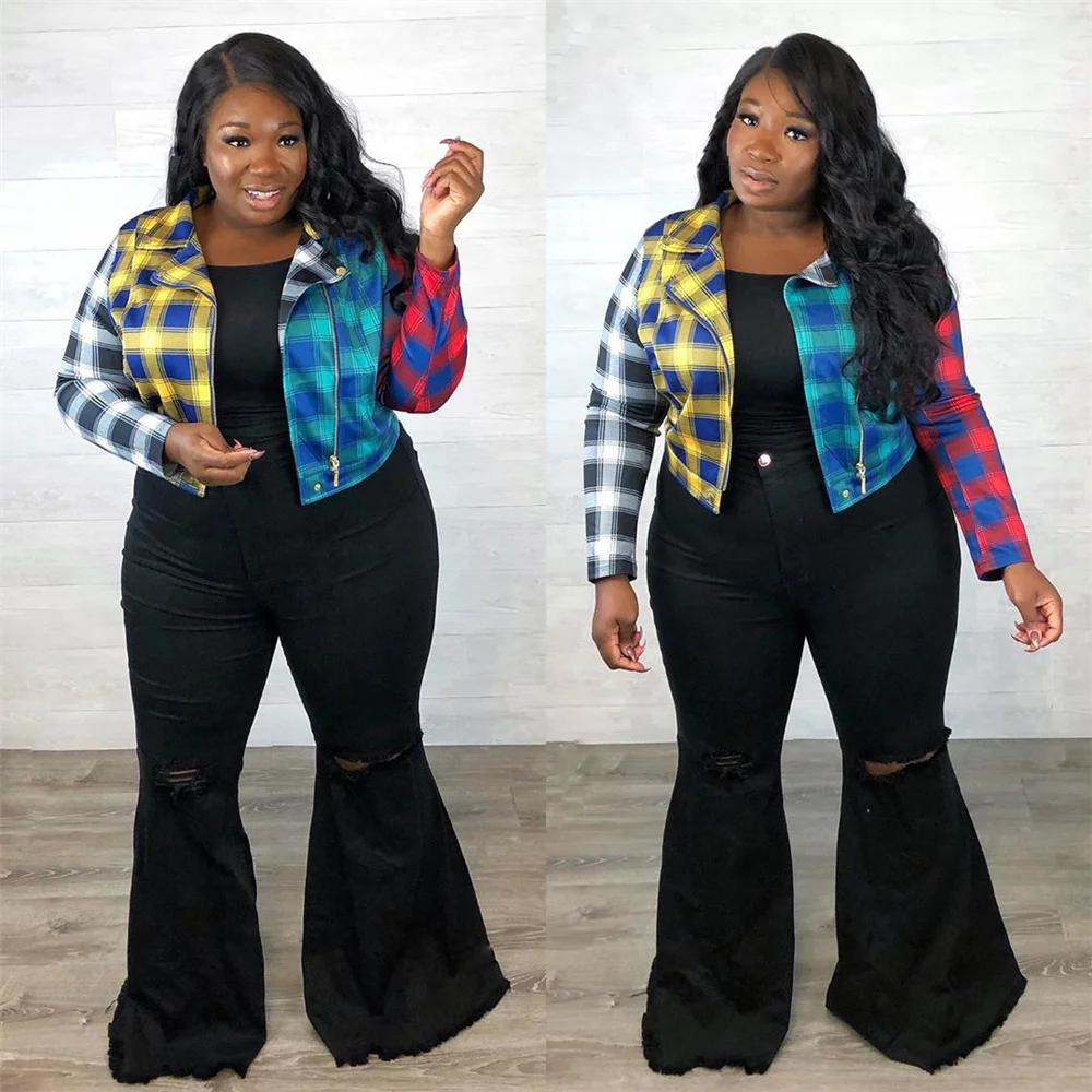 

Tsuretobe Plus Size Patchwork Plaid Jacket Women Vintage Cropped Coat Ladies Long Sleeve Outerwear Zipper Female Fall Overcoat