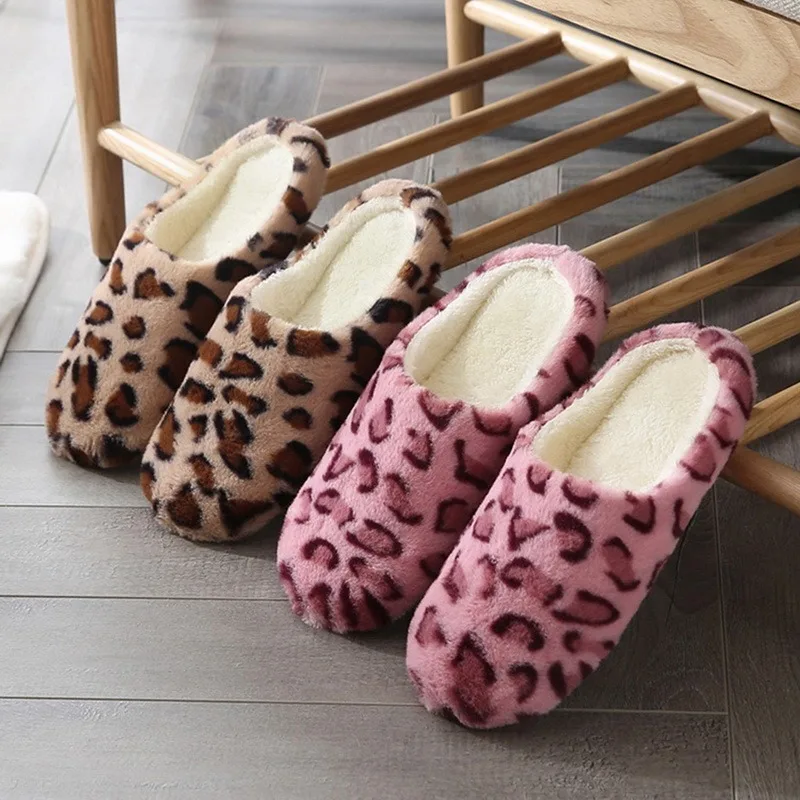 LITTHING Women Home Slippers With Faux Fur Flats Heels Shoes Winter Warm Leopard Print Female Flip Flop Size36-45 | Обувь